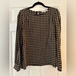 Plaid, navy and gold blouse with cute detail!